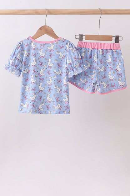 Purple duck print bow shorts set