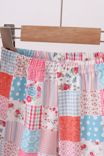 Pink floral patchwork scalloped ruffle shorts set
