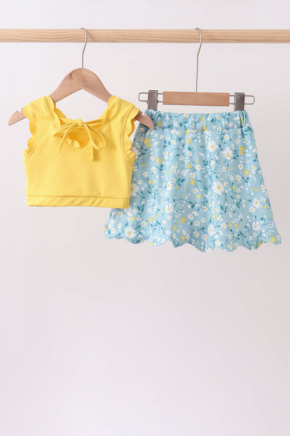 Mustard&green floral bow skorts set