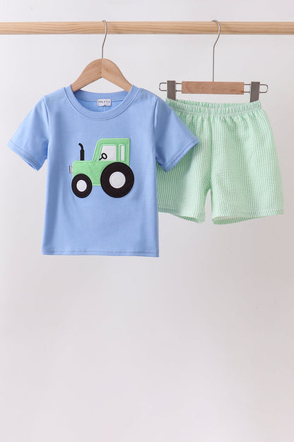 Blue Tractor Applique Seersucker Set