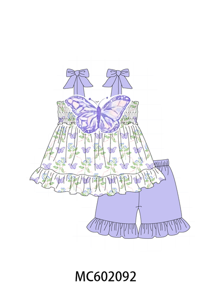 Purple Butterfly Applique Shorts Set