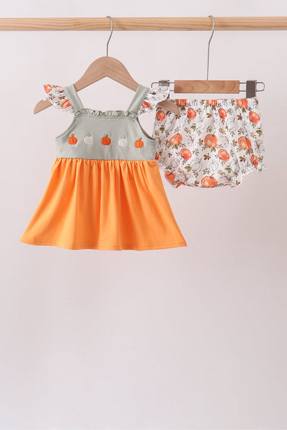 Orange Pumpkin Embroidery Ruffle Bloomer Set
