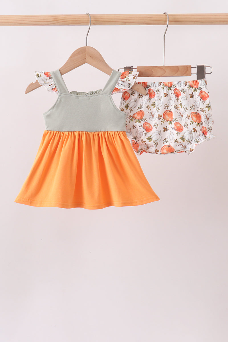 Orange Pumpkin Embroidery Ruffle Bloomer Set