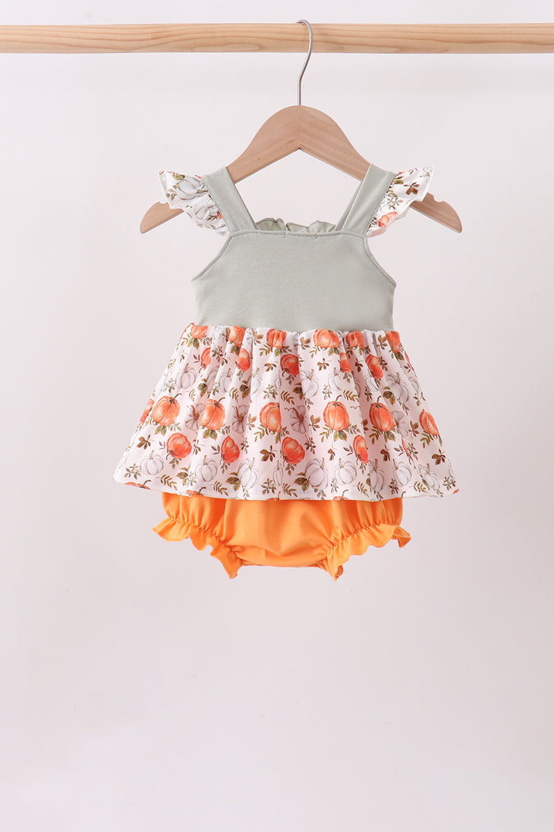 Orange Pumpkin Embroidery Ruffle Bubble