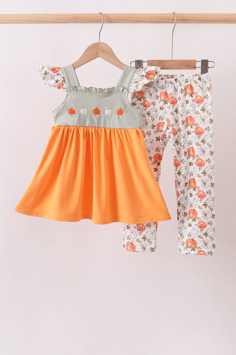 Orange Pumpkin Embroidery Ruffle Pants Set