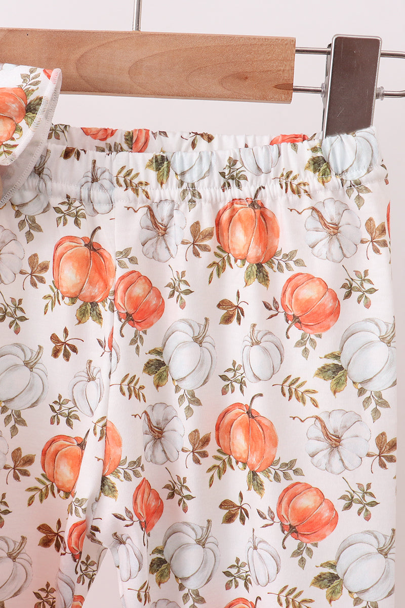 Orange Pumpkin Embroidery Ruffle Pants Set