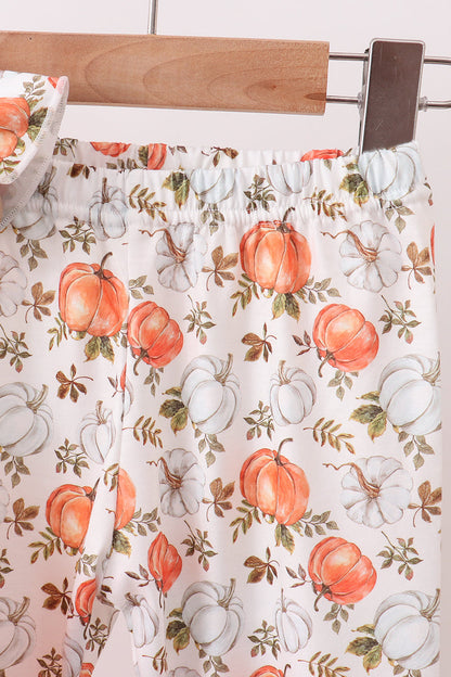 Orange Pumpkin Embroidery Ruffle Pants Set