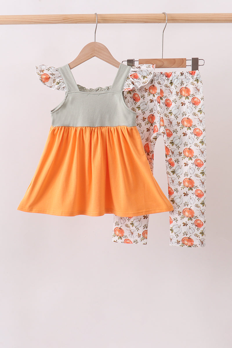 Orange Pumpkin Embroidery Ruffle Pants Set