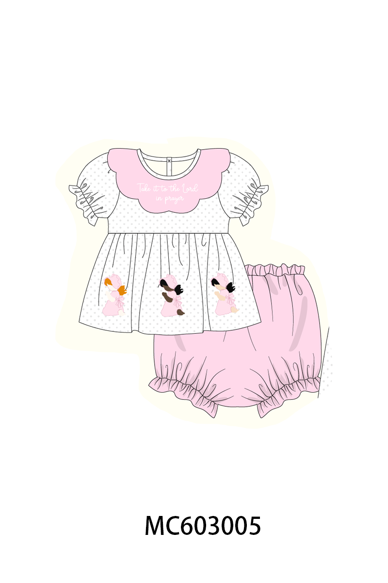 Pink Prayer Embroidery Ruffle Bloomer Set