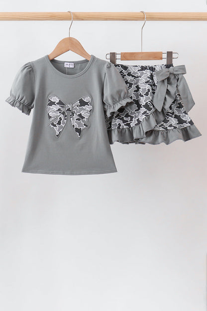 Grey Camouflage Bow Embroidery Ruffle Skorts Set