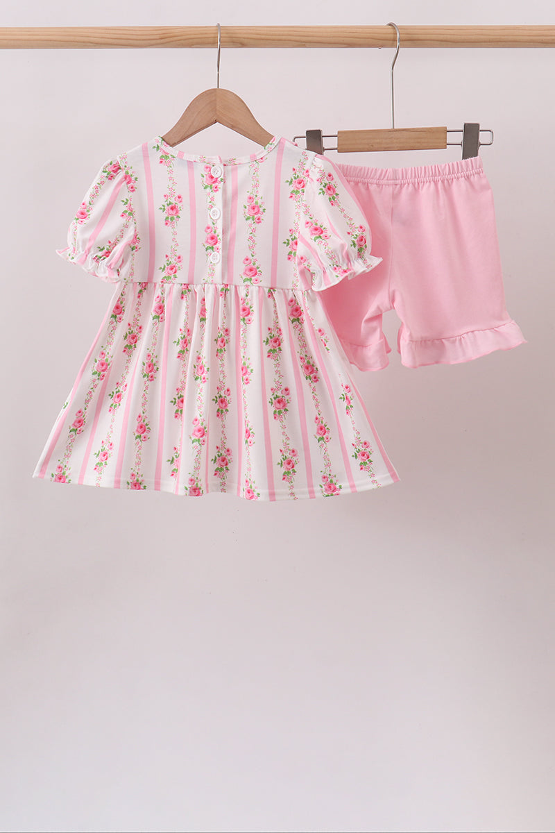 Pink Pumpkin Embroidery Ruffle Shorts Set