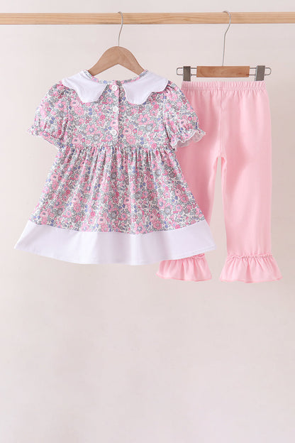 Pink Floral Embroidery Ruffle Pants Set
