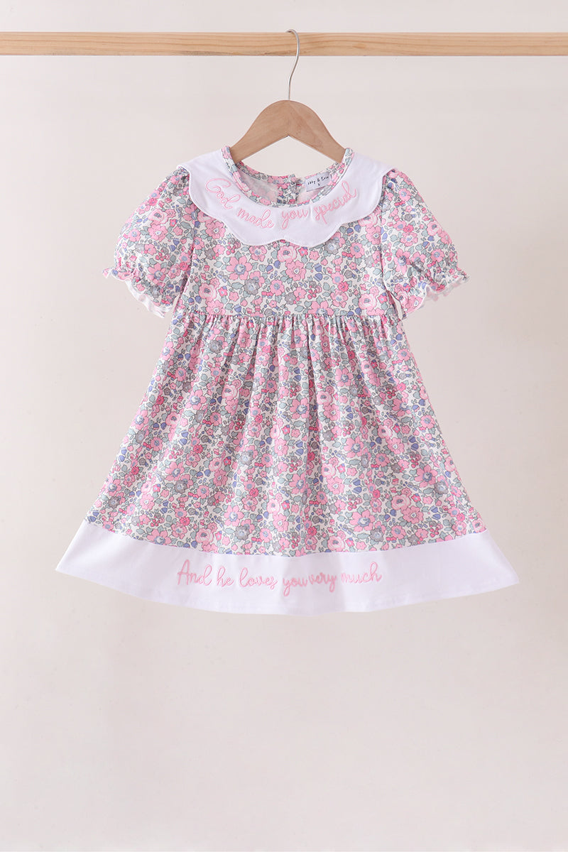 Pink Floral Embroidery Ruffle Dress