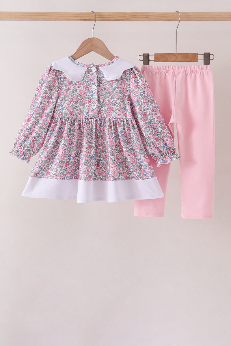 Pink Floral Embroidery Pants Set