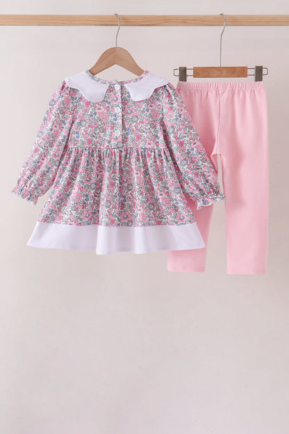 Pink Floral Embroidery Pants Set