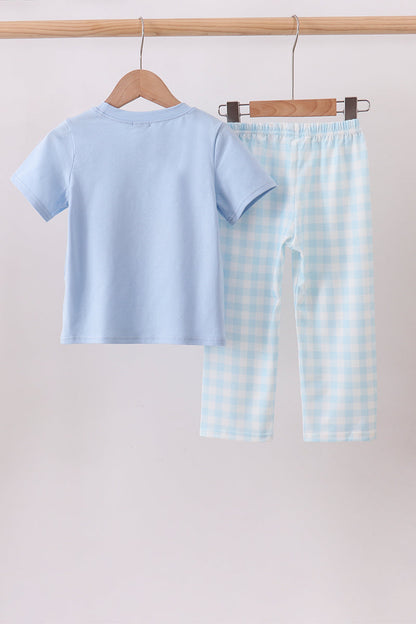 Blue Mallard Applique Gingham Pants Set