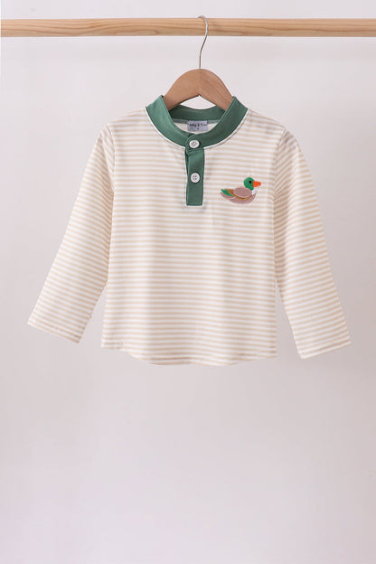 Brown Stripe Mallard Embroidery Top