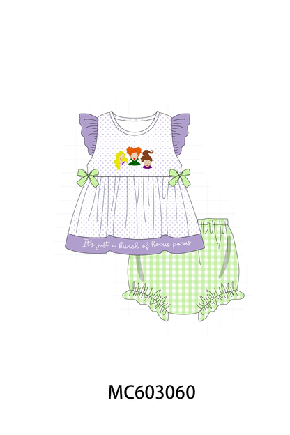 Purple Hocus pocus french knot ruffle bloomer set