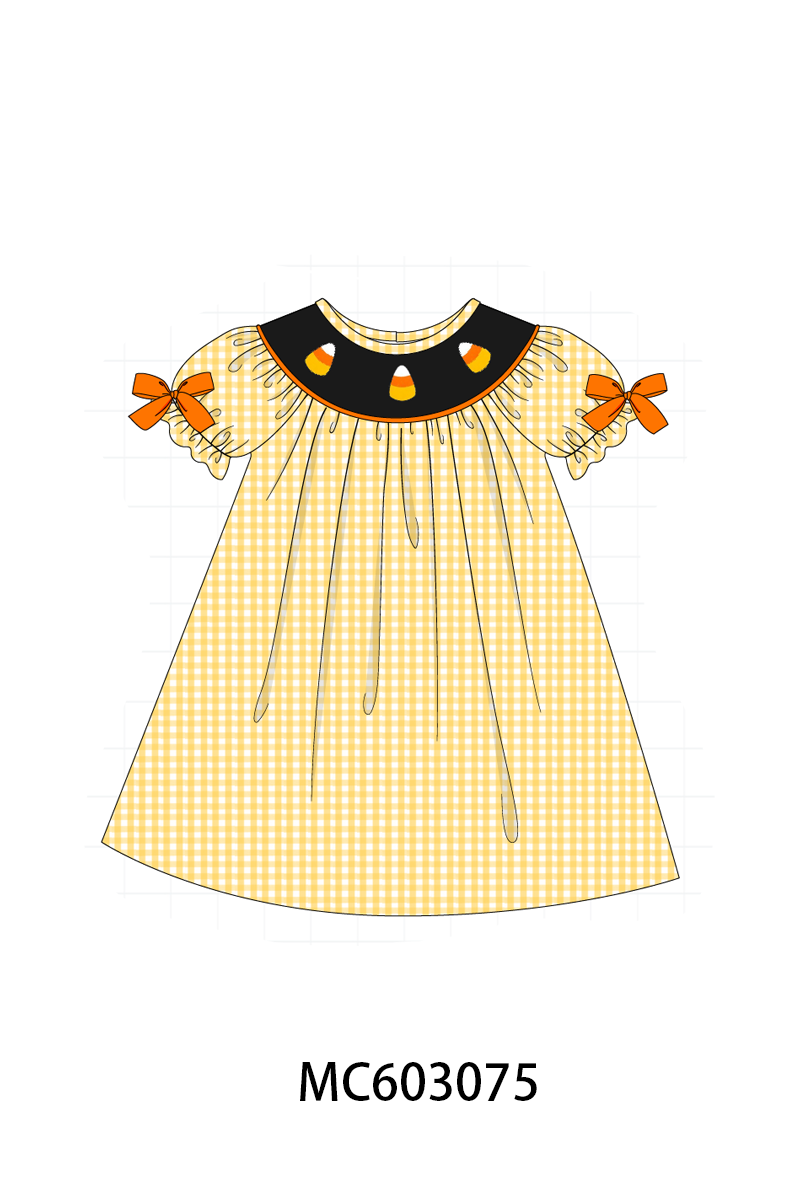 Mustard Candy Embroidery Gingham Dress