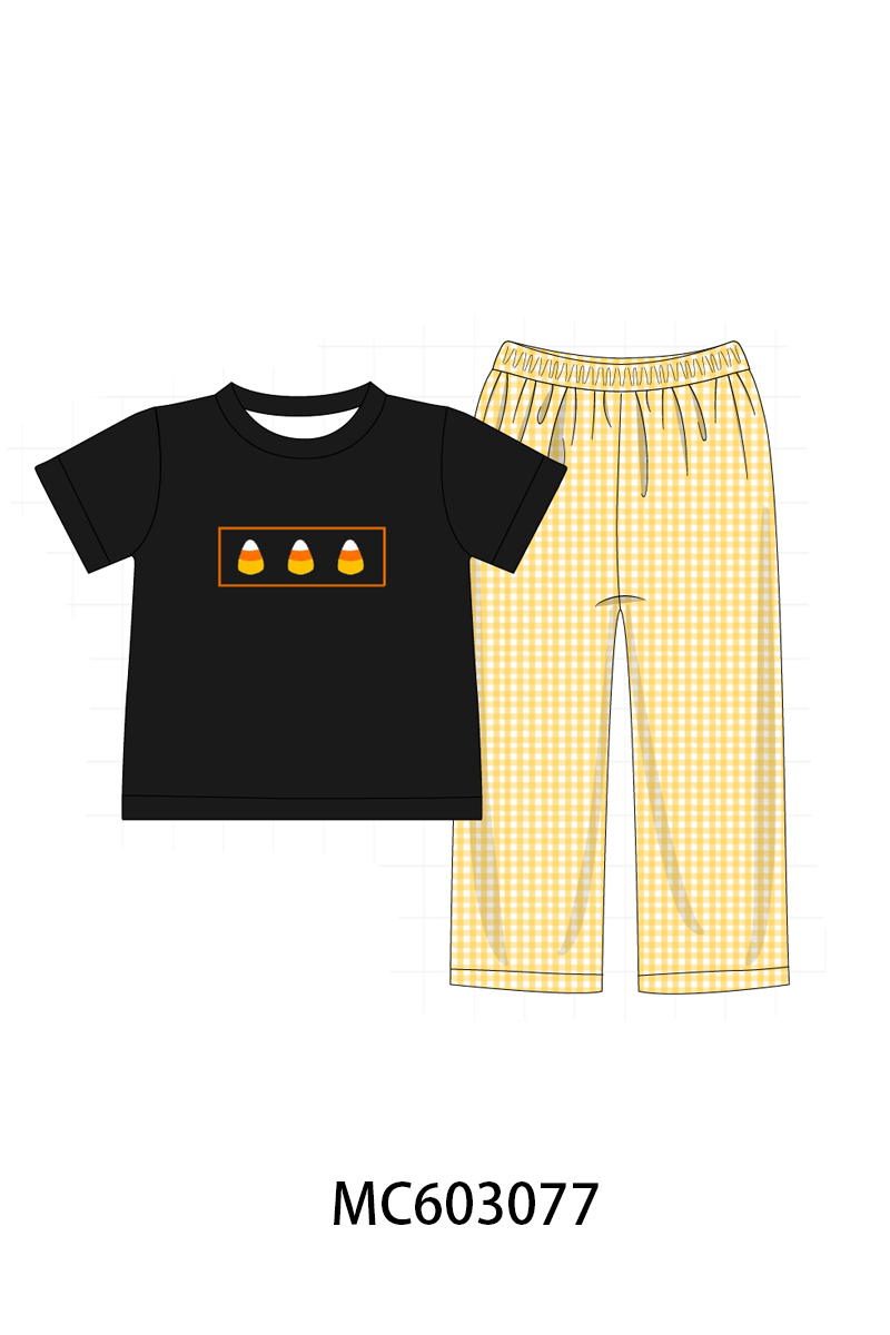 Mustard Candy Embroidery Gingham Pants Set