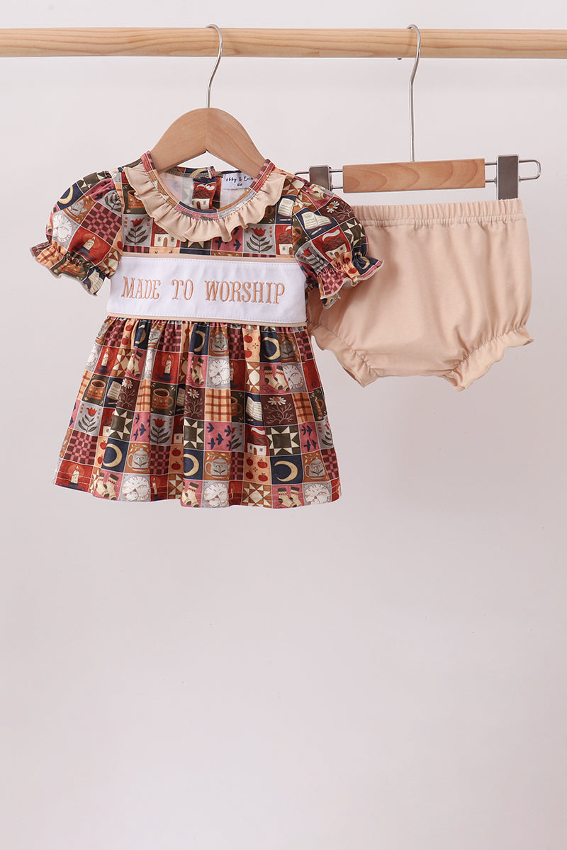 Brown Made to Worship Embroidery Bloomer Set