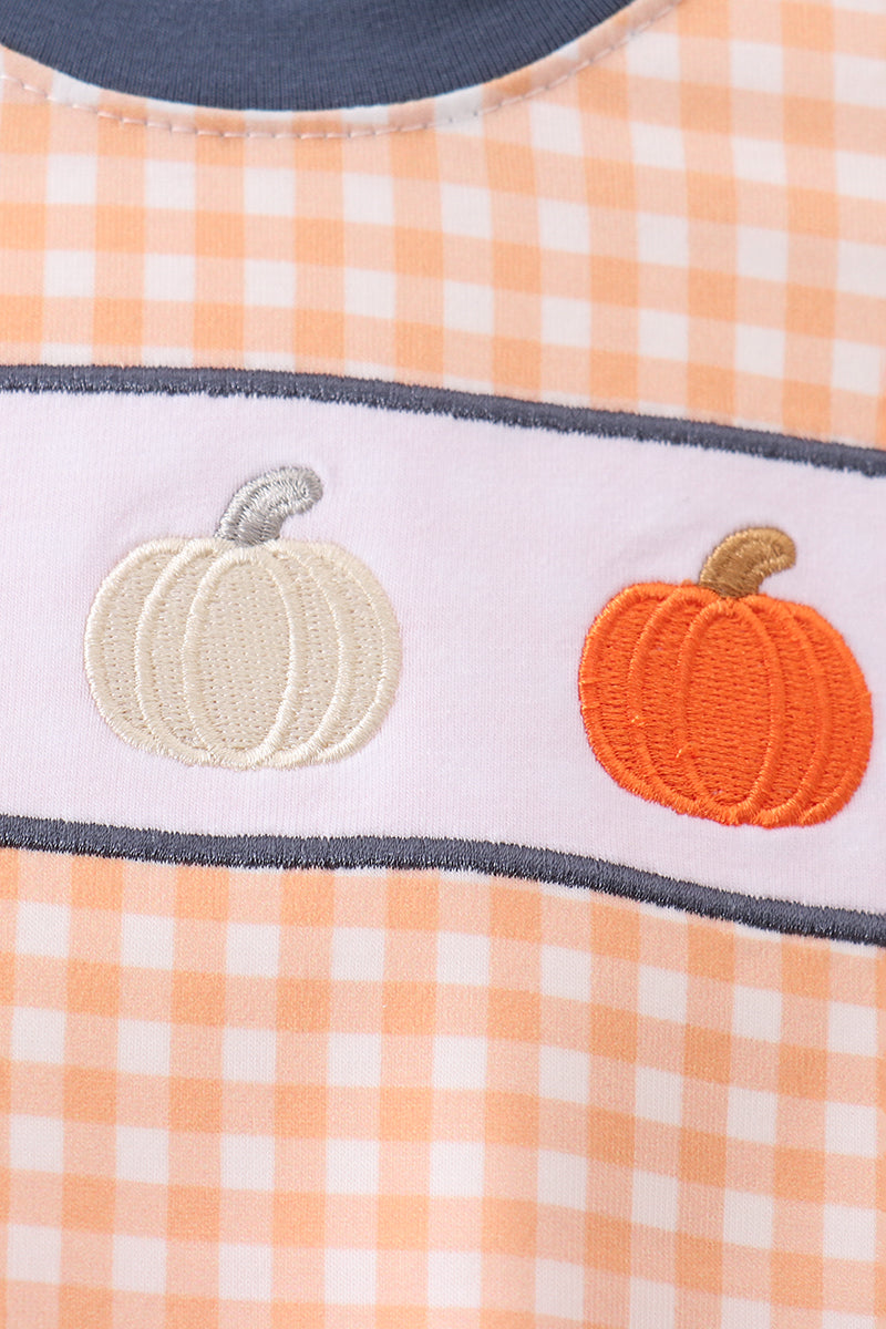 Orange Pumpkin Embroidery Gingham Bubble