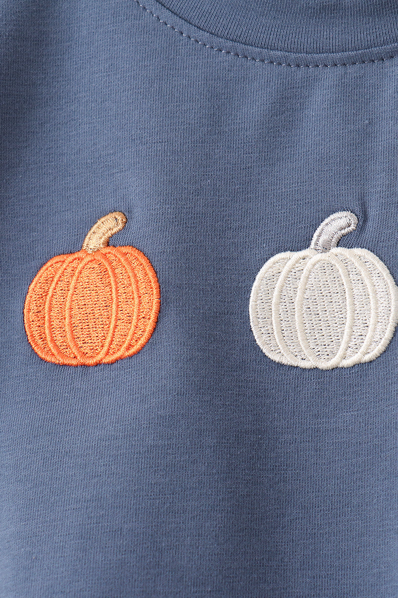 Orange Pumpkin Embroidery Gingham Shorts Set