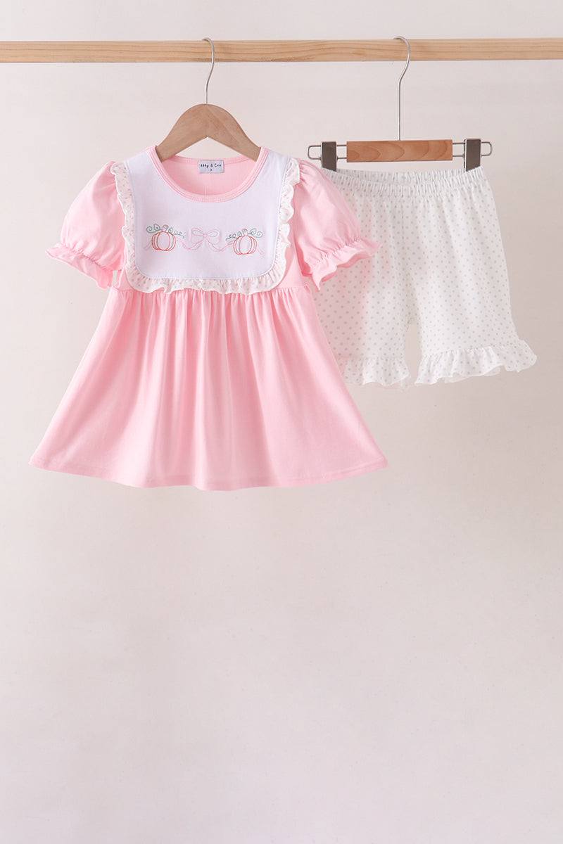 Pink Pumpkin Bow Embroidery Ruffle Shorts Set