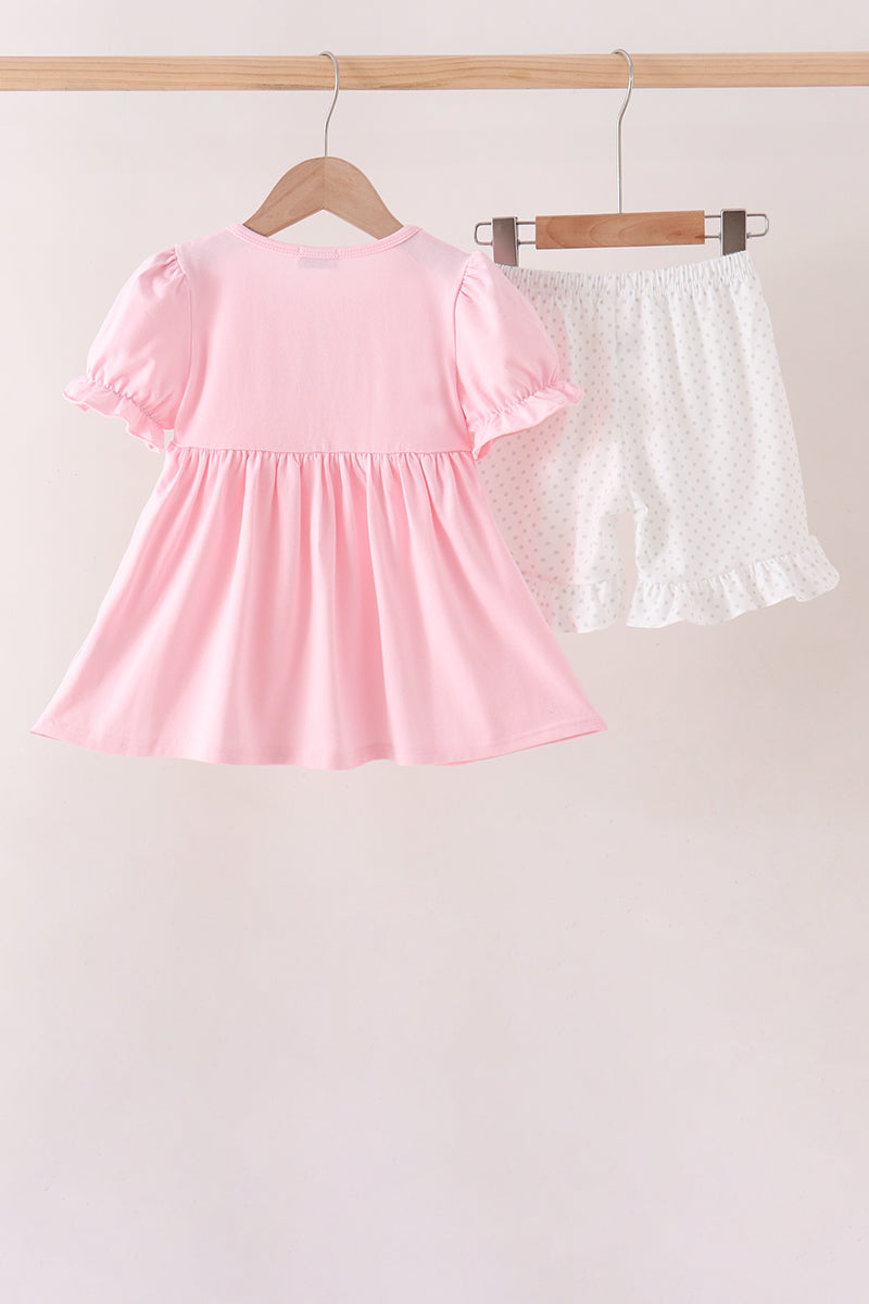 Pink Pumpkin Bow Embroidery Ruffle Shorts Set