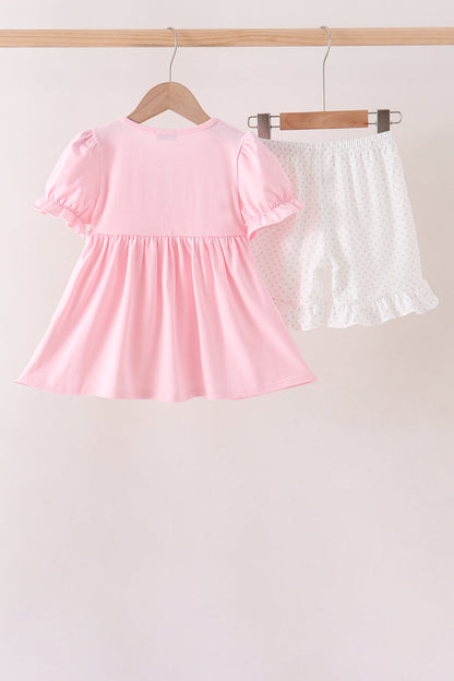 Pink Pumpkin Bow Embroidery Ruffle Shorts Set
