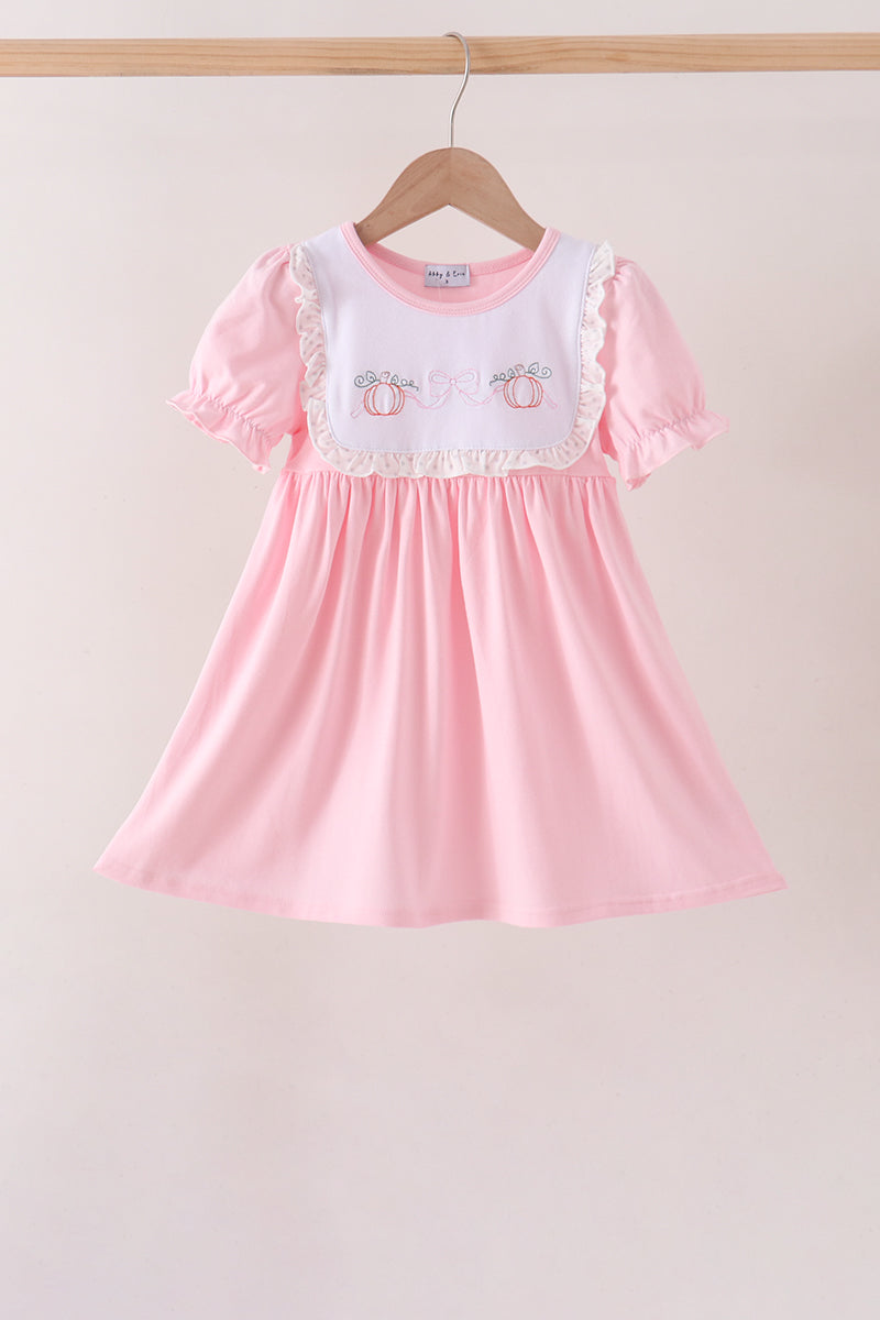 Pink Pumpkin Bow Embroidery Ruffle Dress