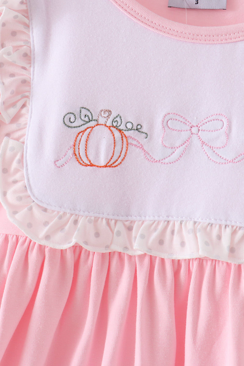 Pink Pumpkin Bow Embroidery Ruffle Dress