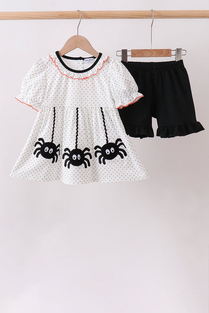 Black Spider Embroidery Ruffle Shorts Set