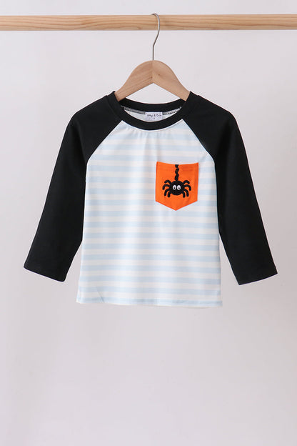 Black Spider Embroidery Pocket Stripe Top