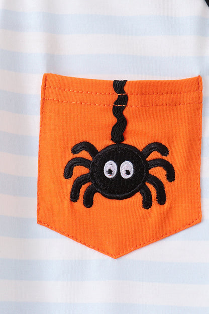 Black Spider Embroidery Pocket Stripe Top