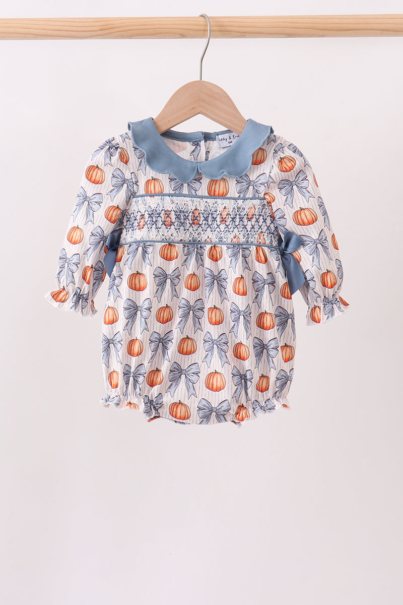 Blue Pumpkin Bow Smocked Ruffle Bubble