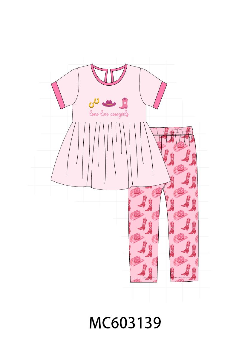 Pink Cowgirl Boots Embroidery Pants Set