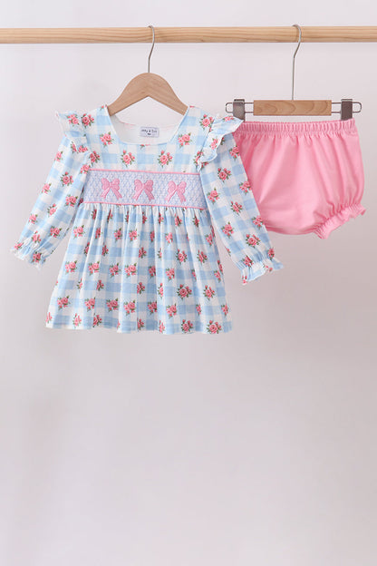 Blue Bow Smocked Floral Gingham Bloomer Set