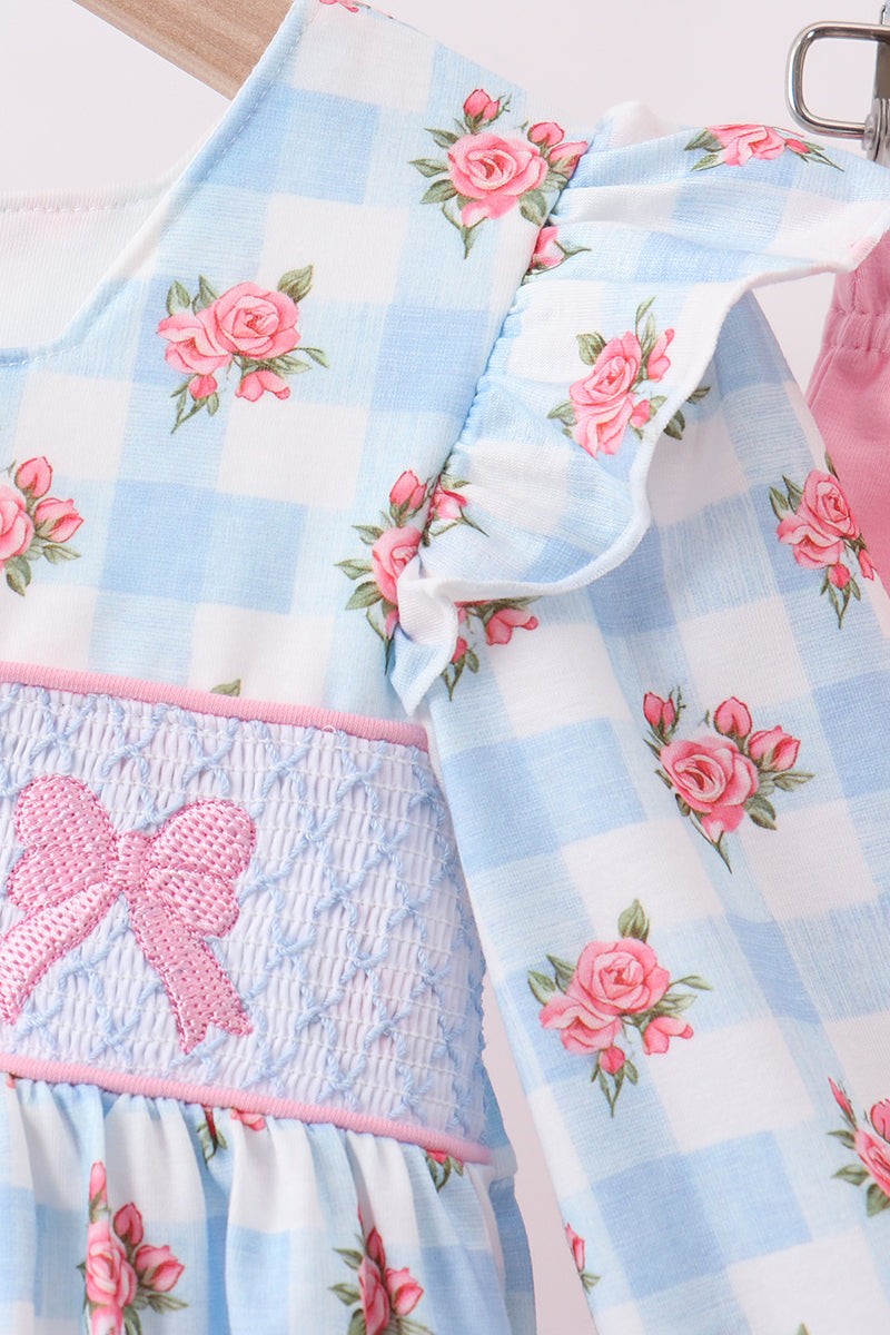 Blue Bow Smocked Floral Gingham Bloomer Set