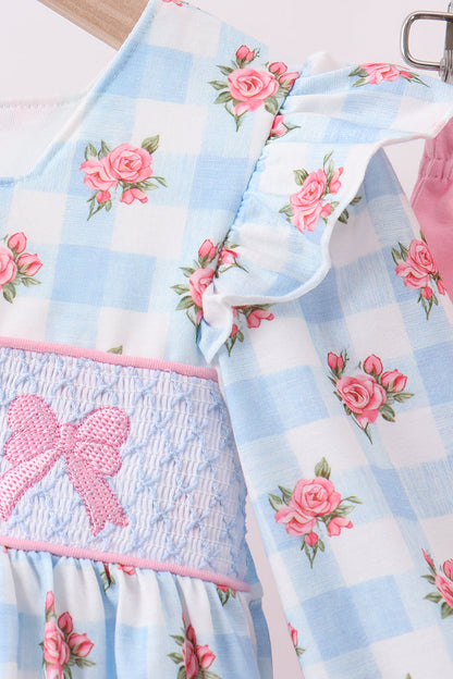 Blue Bow Smocked Floral Gingham Bloomer Set