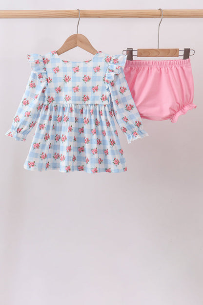 Blue Bow Smocked Floral Gingham Bloomer Set