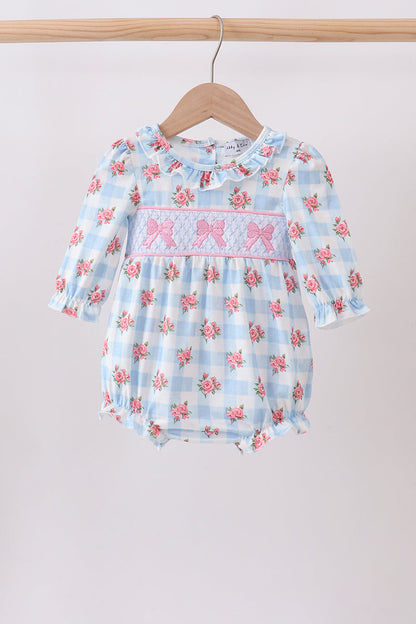 Blue Bow Smocked Floral Gingham Bubble