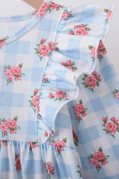 Blue Floral Ruffle Dress