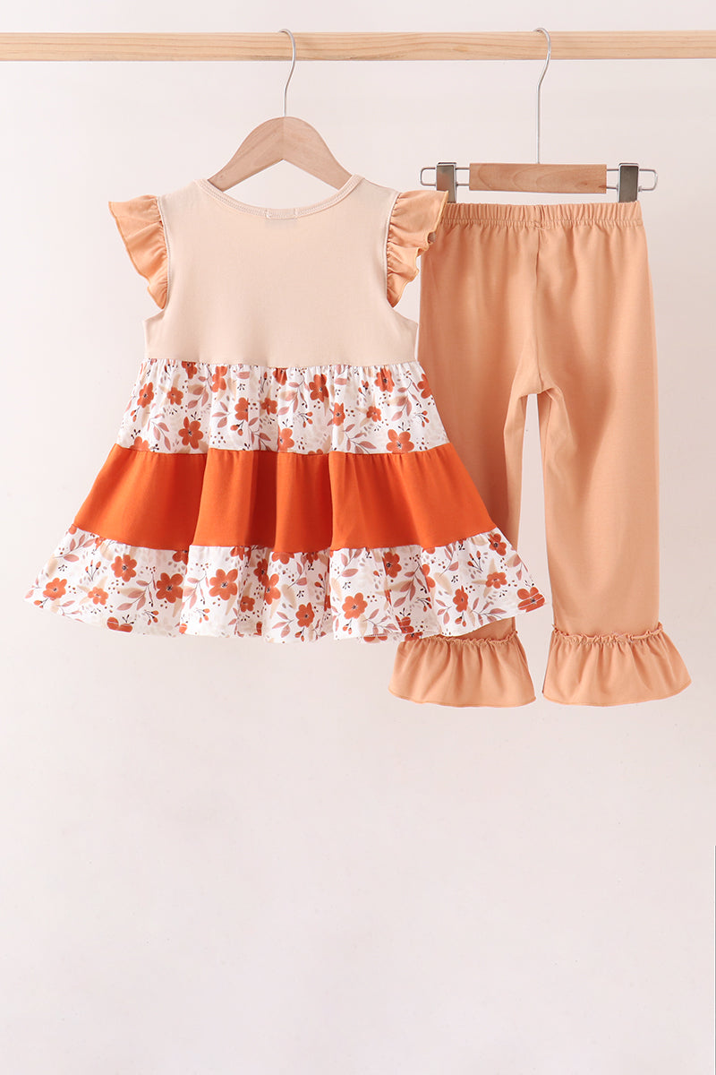 Floral Pumpkin Embroidery Ruffle Pants Set