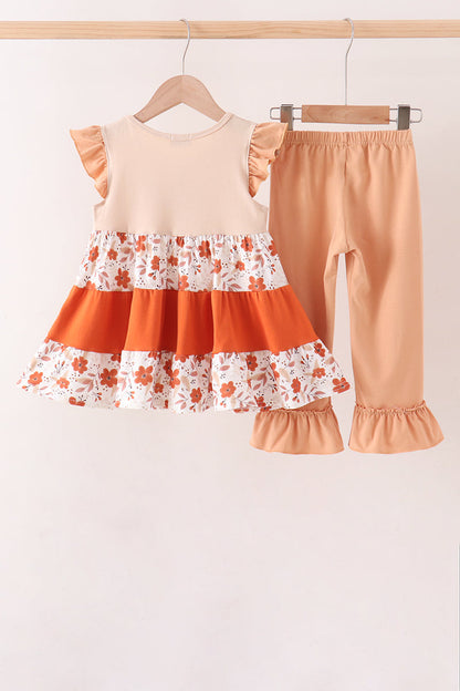 Floral Pumpkin Embroidery Ruffle Pants Set