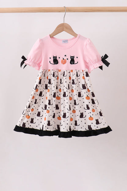 Pink Pumpkin Cat Embroidery Dress
