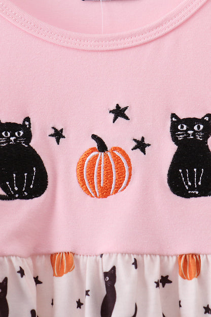 Pink Pumpkin Cat Embroidery Dress