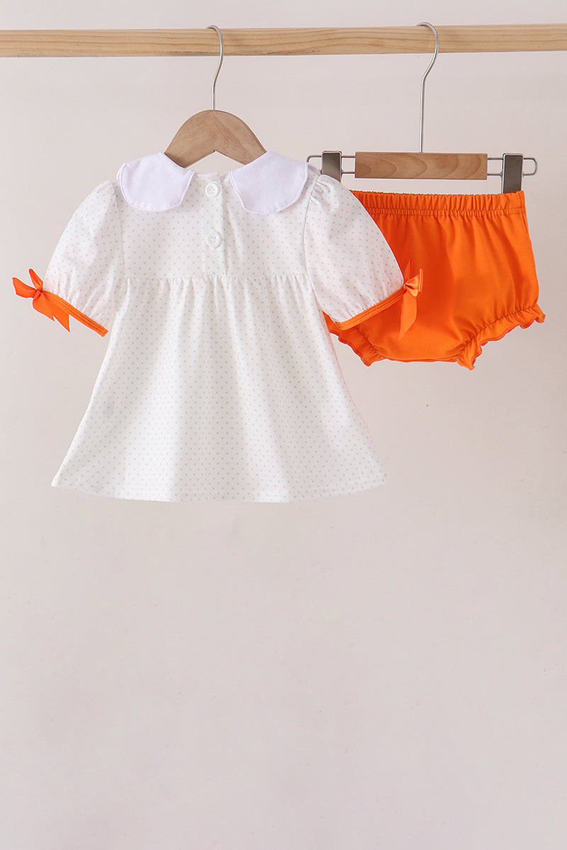 Orange Pumpkin Bow Embroidery Bloomer Set