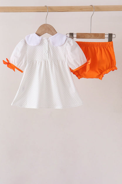 Orange Pumpkin Bow Embroidery Bloomer Set