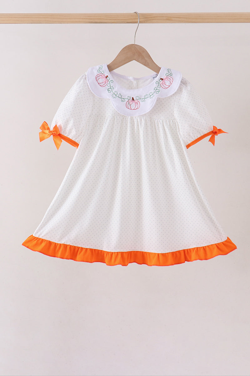 Orange Pumpkin Bow Embroidery Ruffle Dress